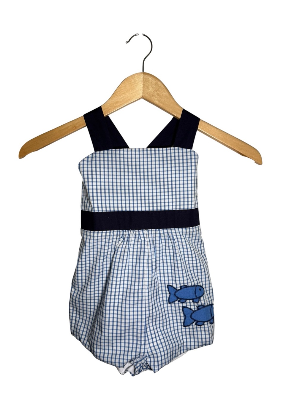 The Beaufort Bonnet Company Shadley Shortall Blue Windowpane Fish Applique NWT